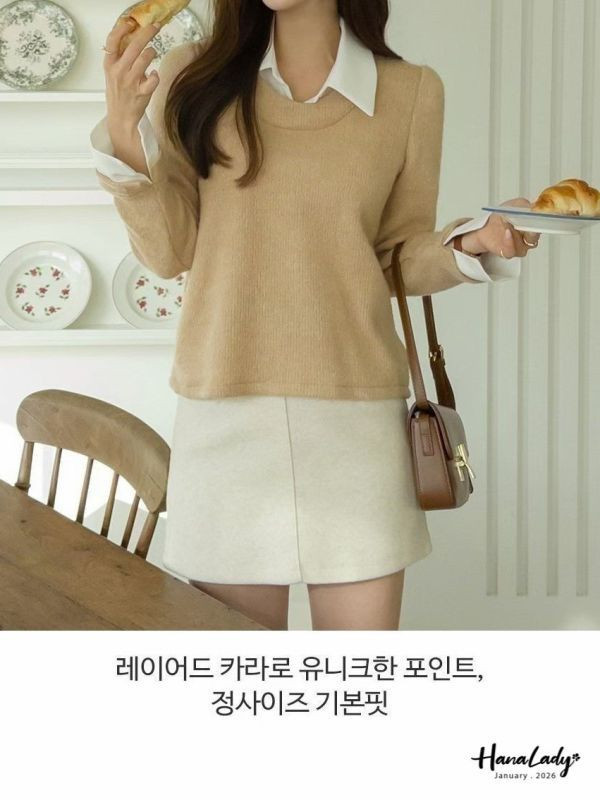 LEA29 假兩件襯衫領針織上衣 