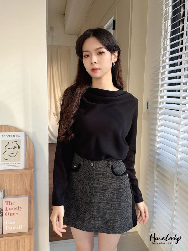 WQA11 質感磨毛格紋布顯瘦黑邊褲裙 