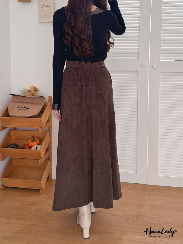 WJA90 附綁帶燈芯絨A字長裙 