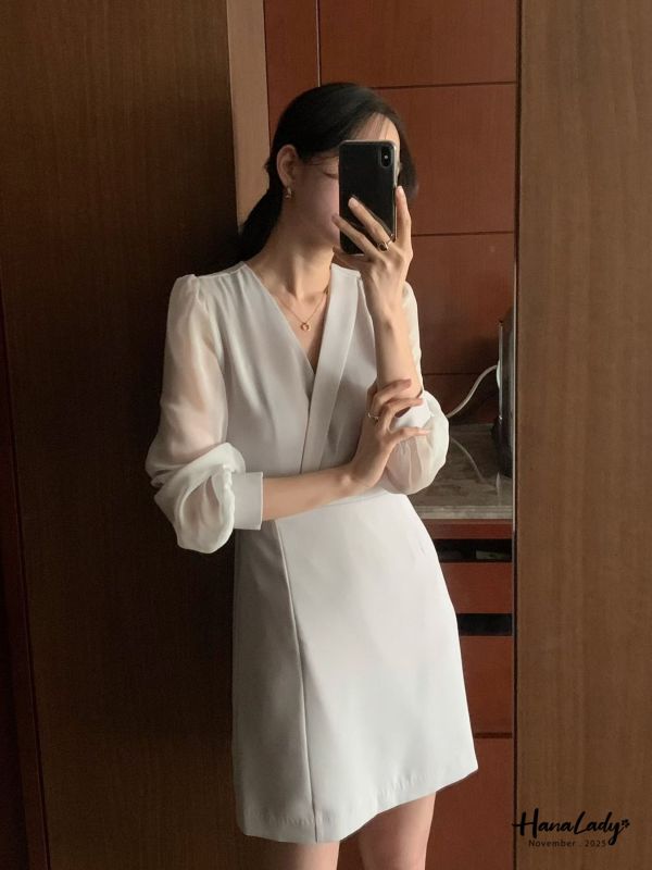 WJA59 層次交叉領透袖雪紡短洋 