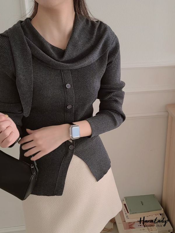 LEA63 斗篷綁結領針織上衣 