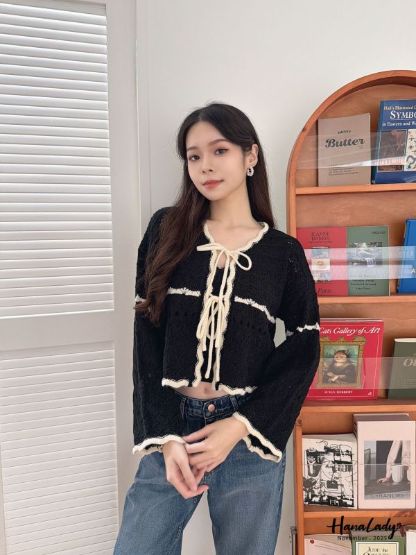 WJB11 簍空編織波浪綁結衫 