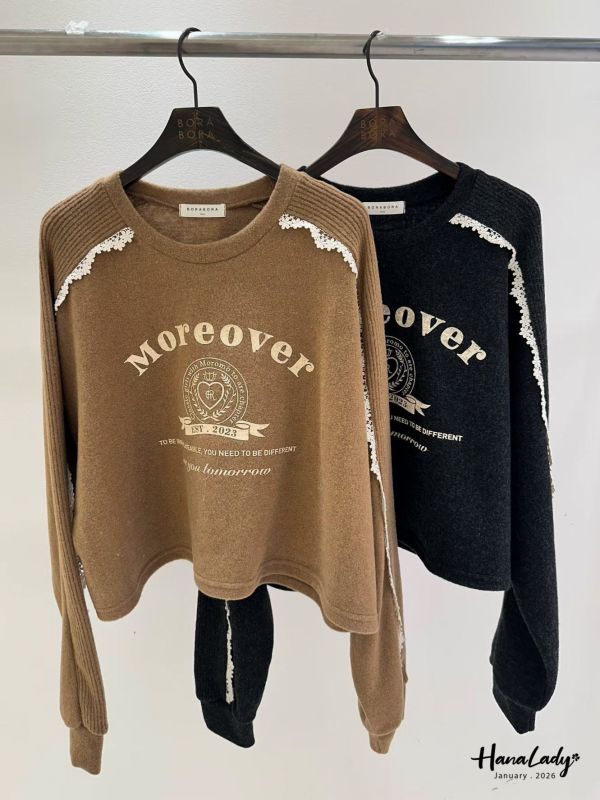 LEA41 坑條蕾絲袖印花棉絨T 