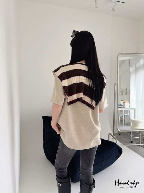 LEA52 條紋披肩刺繡串珠長版T 