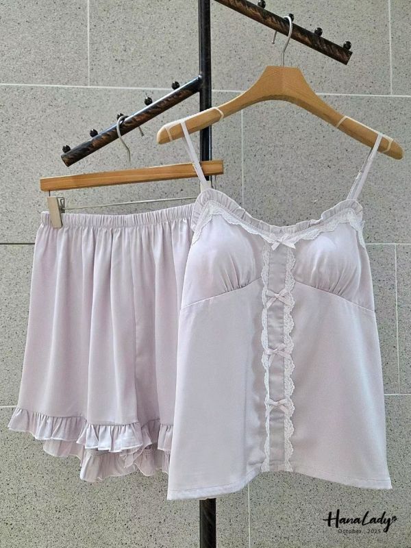 WTA96 緞面蝴蝶結蕾絲睡衣套裝 