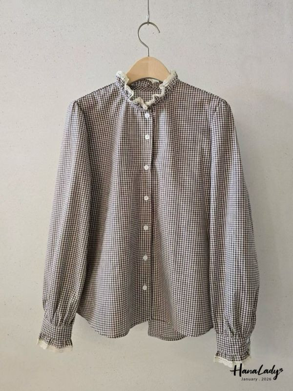 LEA67 拼接蕾絲領格紋襯衫 