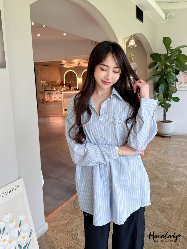 WSA84 口袋蝴蝶結直條紋襯衫 