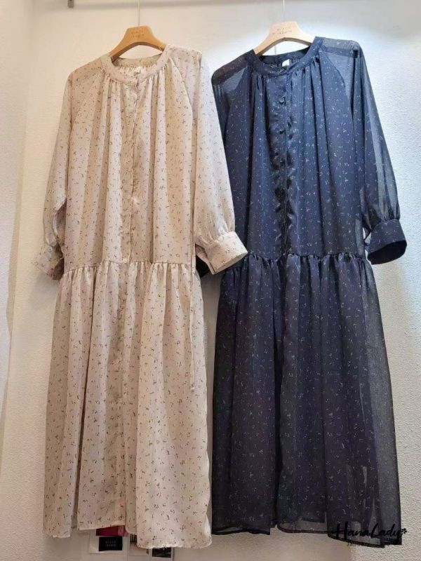 LEA90 復古透袖設計排釦長洋 