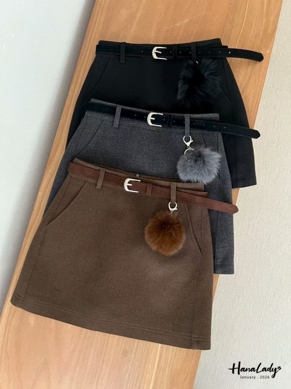 LEB08 附毛球腰帶棉絨褲裙 