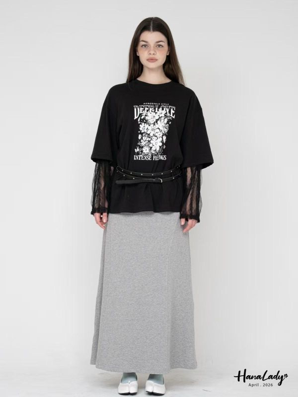 LFA95 假兩件蕾絲袖設計長版T 