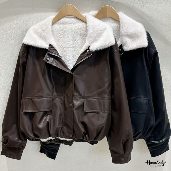 LEA65 率性毛毛領柔軟皮革外 