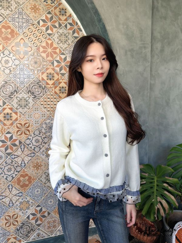 WJB48 格紋點點紗拼接針織上衣 