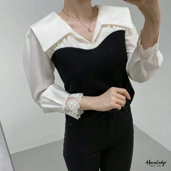 WSA58 美美袖拼接蕾絲翻領杉 