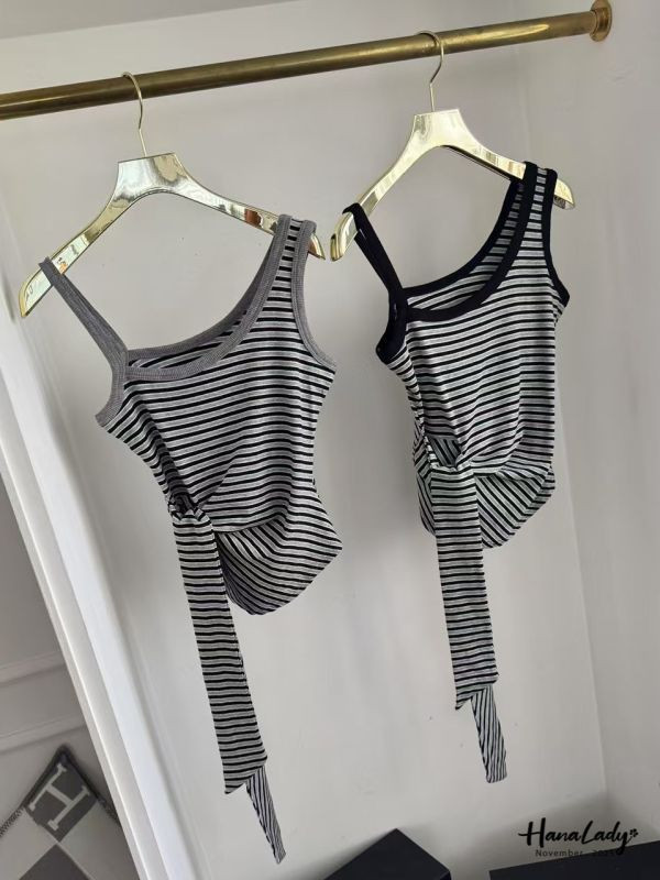 WJA50 收腰綁帶兩件式條紋上衣 