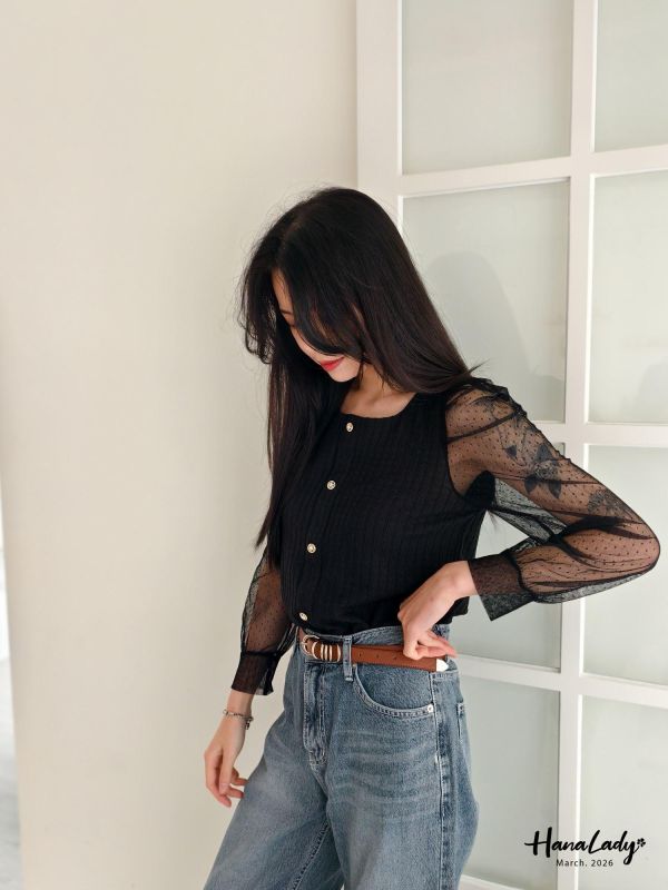 LSA19 蕾絲點點透袖針織上衣 