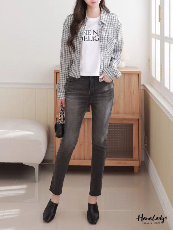 LEB12 黑灰顯瘦煙管丹寧褲 