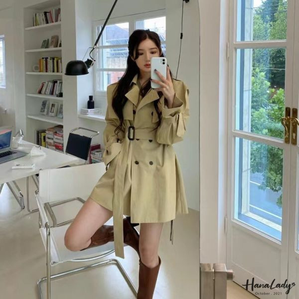 ETA73 春秋必備翻領雙排釦綁腰風衣外 