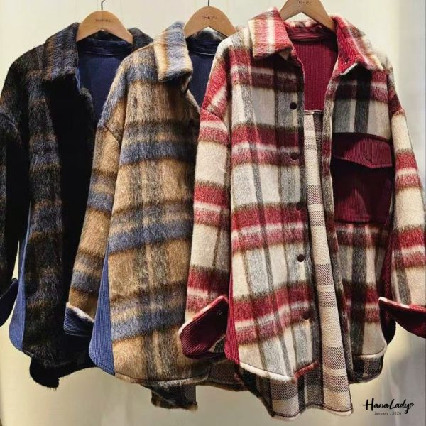 LEA75 棉絨拼接燈心絨格紋衫 