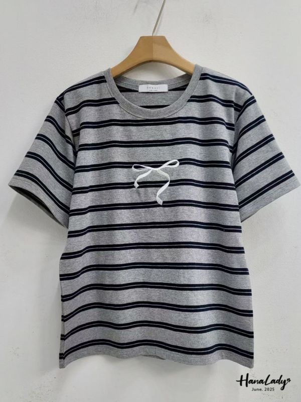 WLA18 甜酷風條紋刺繡蝴蝶結T 