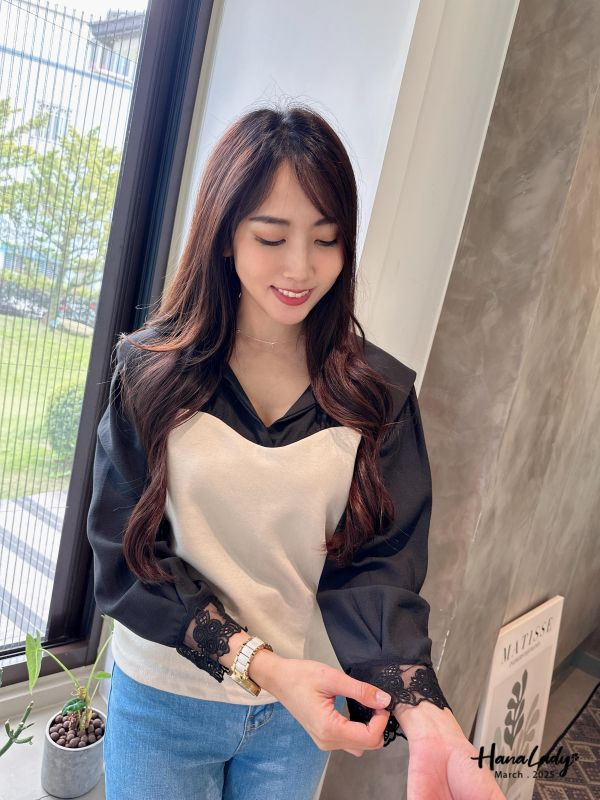 WSA58 美美袖拼接蕾絲翻領杉 