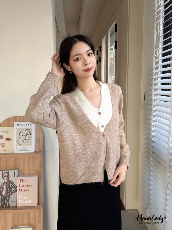 WQB27 假兩件配色V領針織上衣 