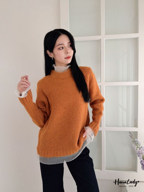 LEA45 拼接點點紗領針織上衣 