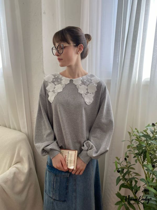 WJA29 浪漫蕾絲玫瑰刺繡領上衣 