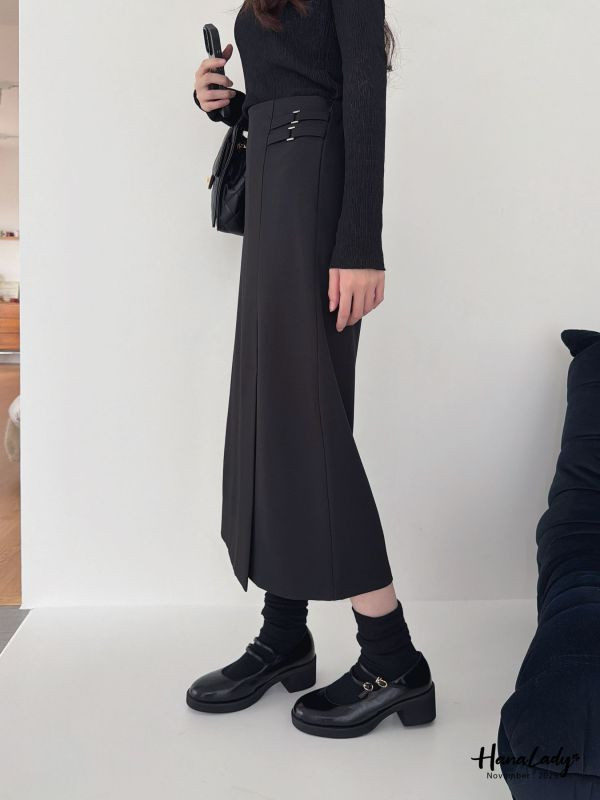 WJA86 氣質雙腰鍊開衩長裙 