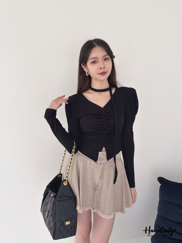 WJA84 寬腰雙釦鬚邊褲裙 