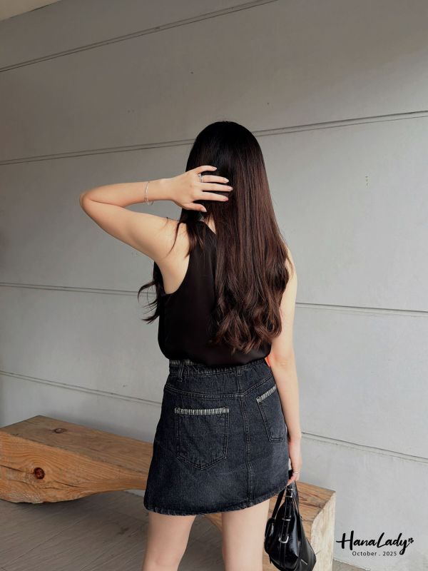 WTB38 顯瘦A字版線條丹寧褲裙 