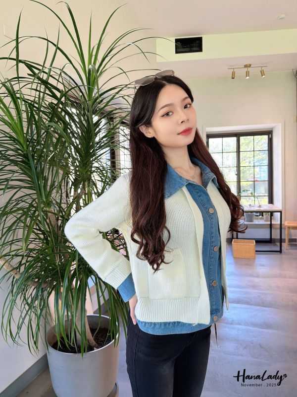 WJA01 丹寧拼接針織上衣 