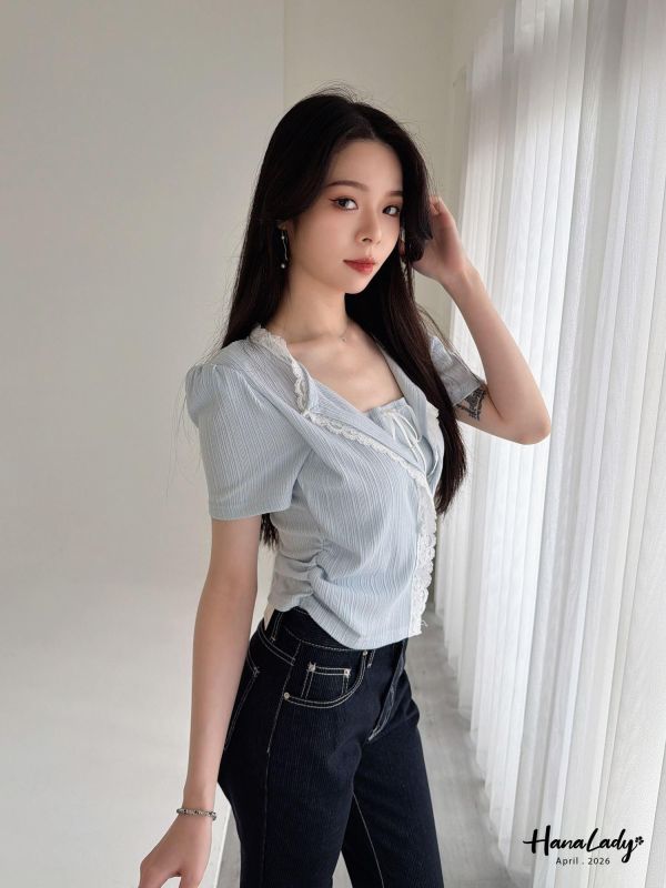 LFA39 有點美綁結翻領蕾絲上衣 