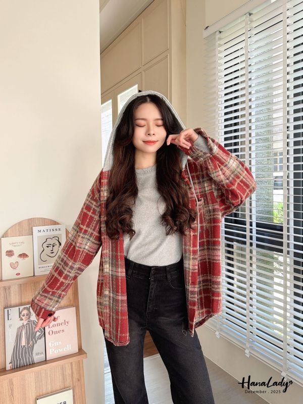 WQA94 配色格紋連帽長版外 