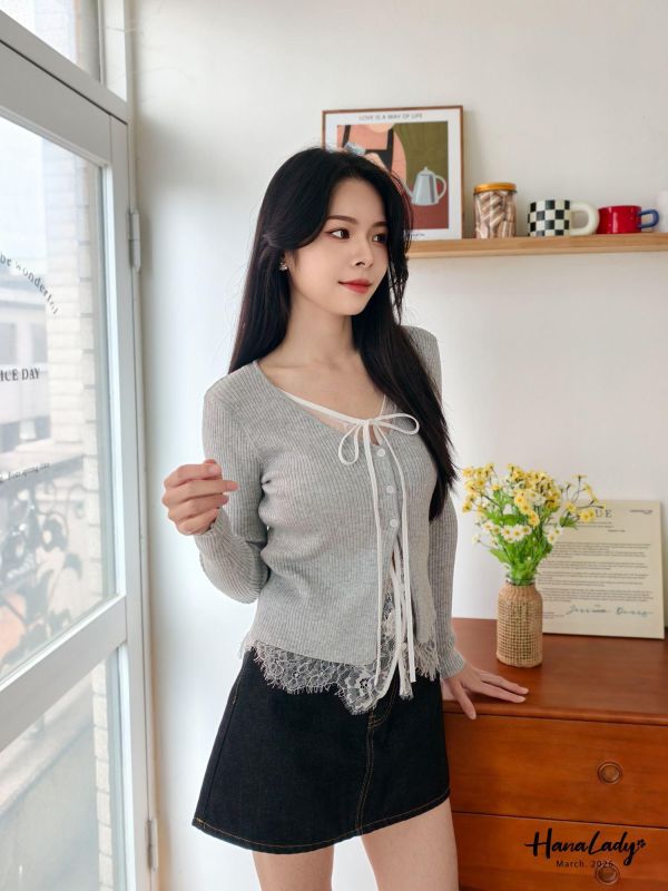 LSA01 親膚針織綁結蕾絲上衣 