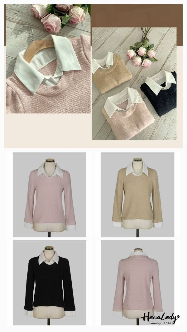 LEA29 假兩件襯衫領針織上衣 