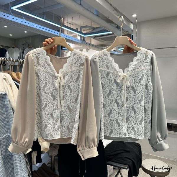 FQA82 綁結滿版蕾絲拼接雪紡衫 