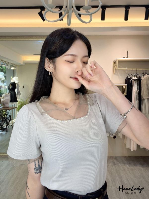 LCA50 甜美珍珠紗領上衣 
