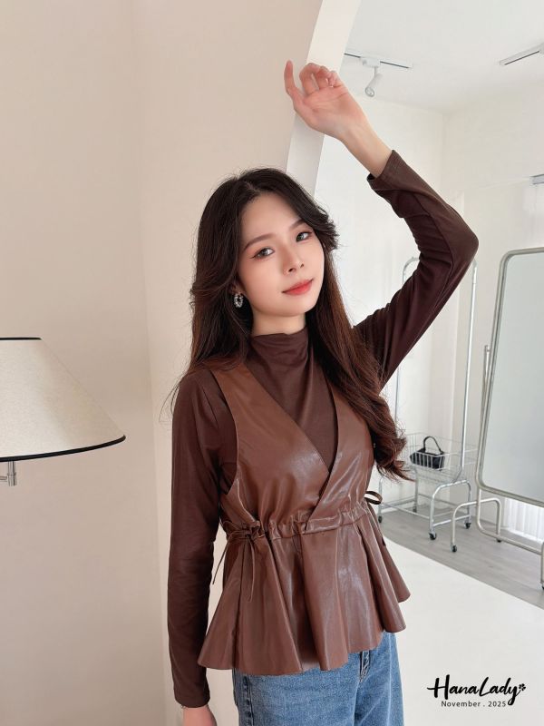 WJA10 率性兩件式收腰皮革上衣 