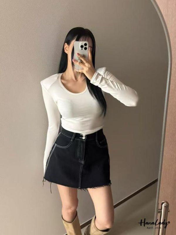 LFA63 雙釦車線顯瘦A字版丹寧褲裙 