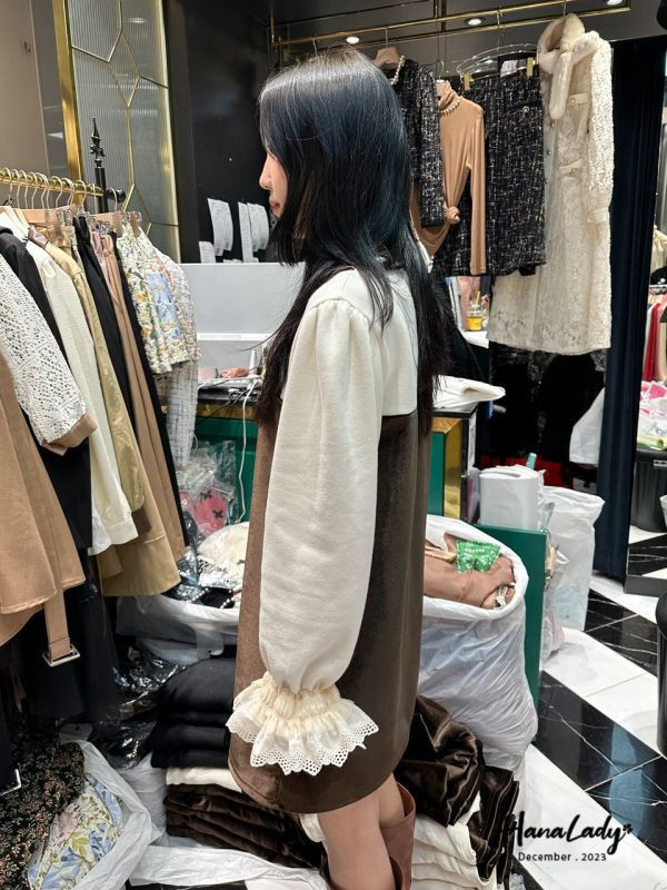 SQA88 珍珠領拼接天鵝絨短洋 