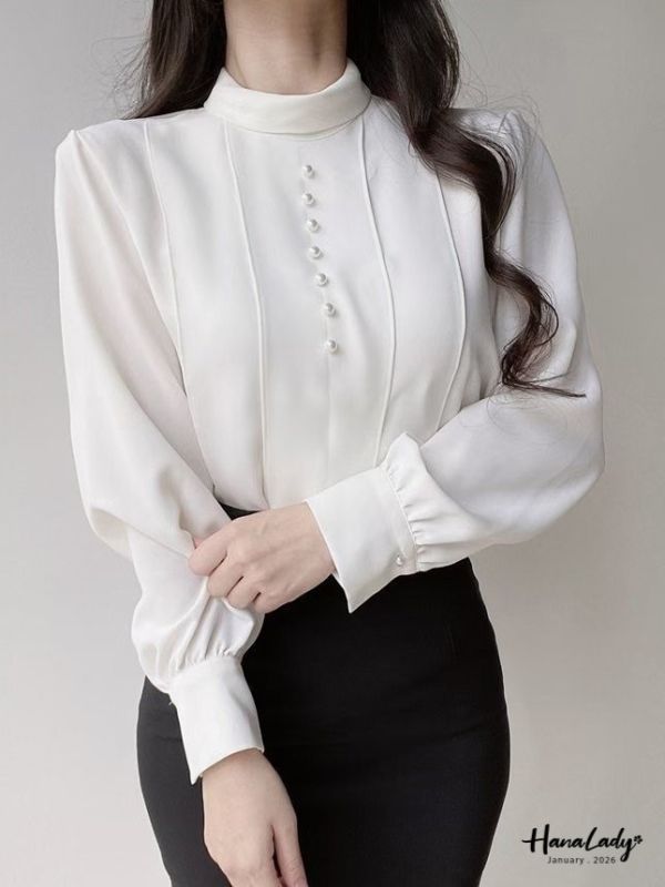 LEA28 珍珠小立領雪紡上衣 