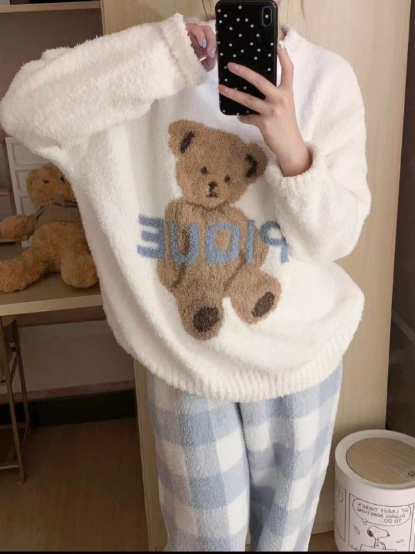 WQB35 超可愛熊熊格紋睡衣套裝 