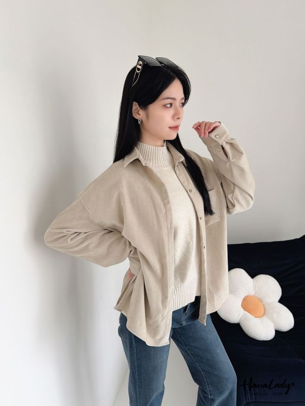 LEA39 高質感克羅心釦絨布襯衫 