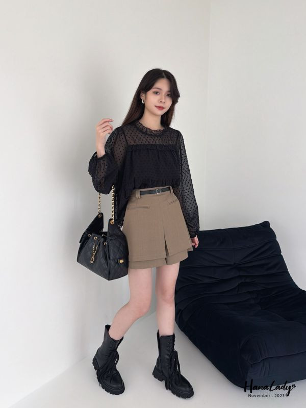 WJA39 日系透袖領層次波點上衣 