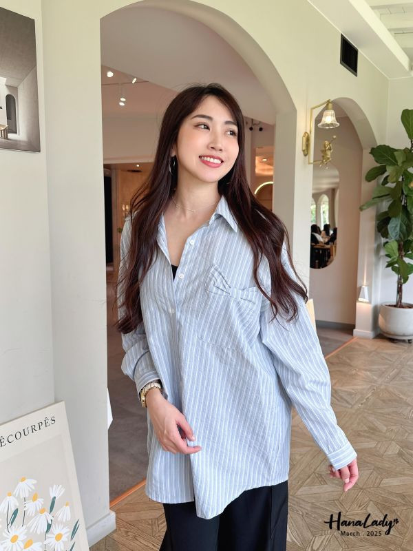 WSA84 口袋蝴蝶結直條紋襯衫 