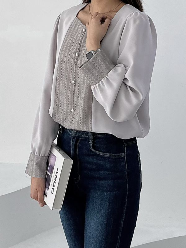 WQA51 波西米亞釘珠V線雪紡衫 