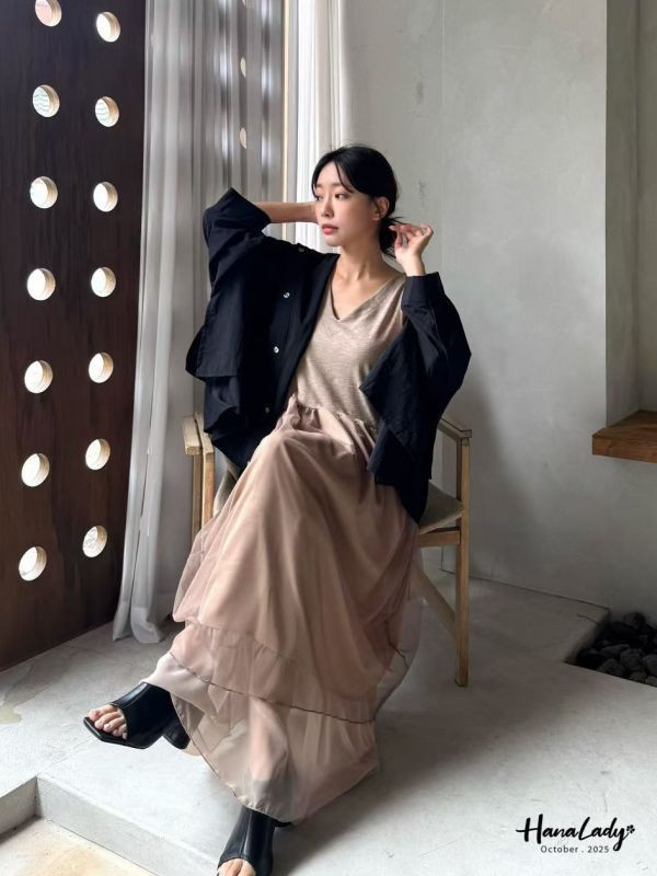 WTA23 異材質拼接層次網紗長洋 