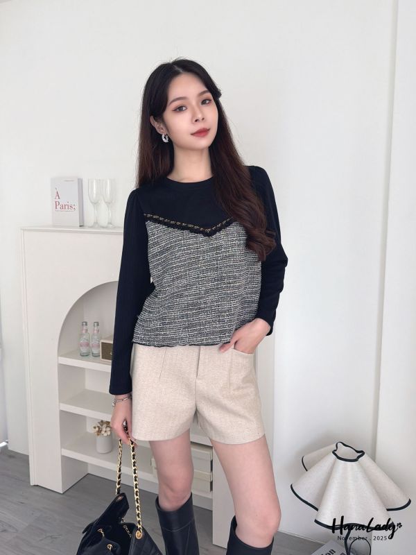 WJA21 細坑條拼金蔥針織上衣 