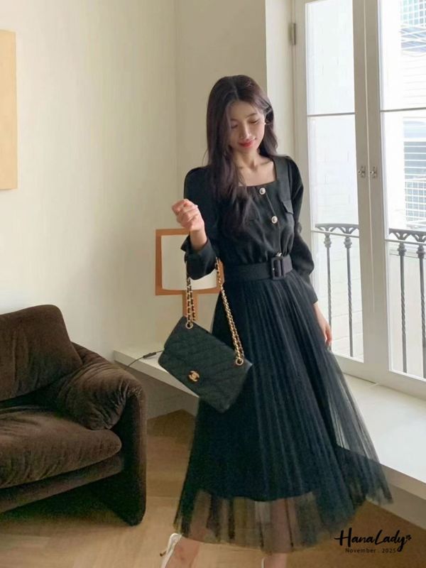 WJA58 精緻珍珠金釦接紗長洋 