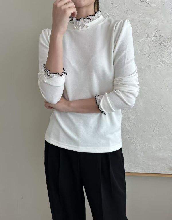 WQA60 接紗滾邊珍珠純色上衣 